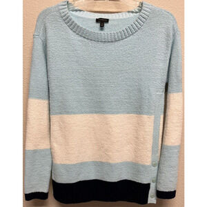 Talbots Fuzzy Sherpa Sweater Ivory Blue Color Block Size S Side Buttons